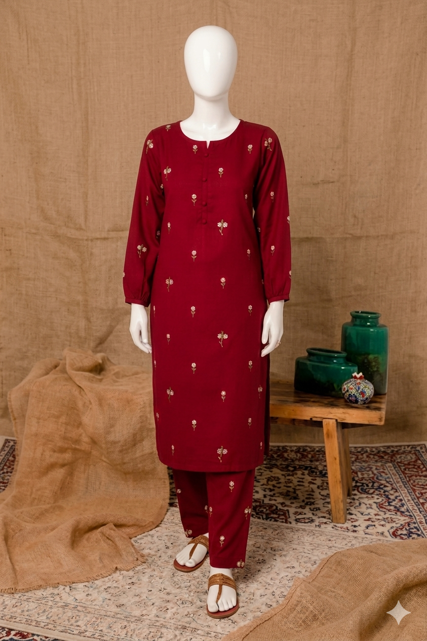 Stylish Collection Stitched Trendy Flower Embroidery 2-Pcs Dress.
