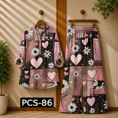 Binara Printed Western Shirt Style 2-Pcs Stiched Co-Ord Set. PCS-86
